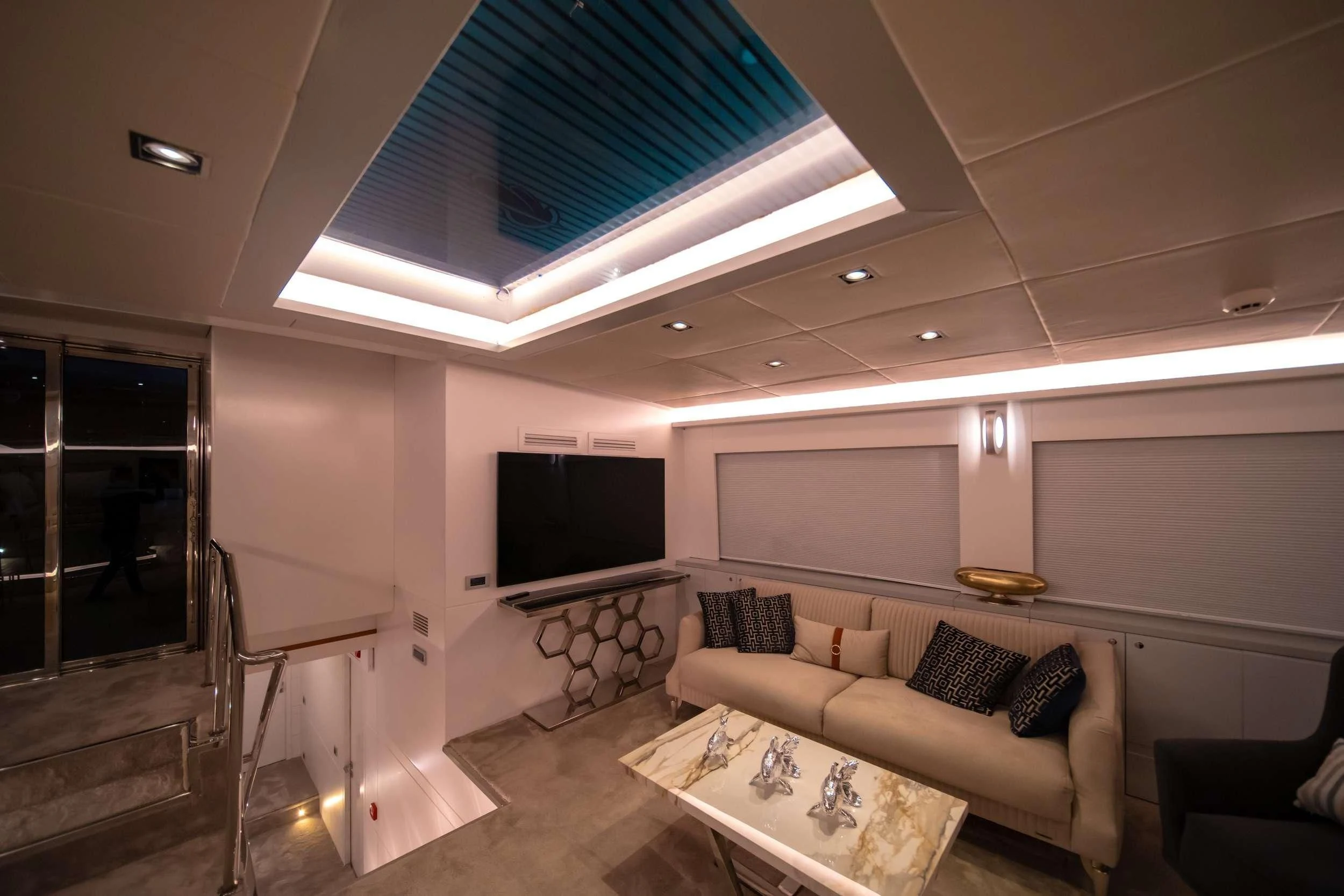 a living room with a large ceiling aboard DOUBLE EAGLE Yacht for Sale