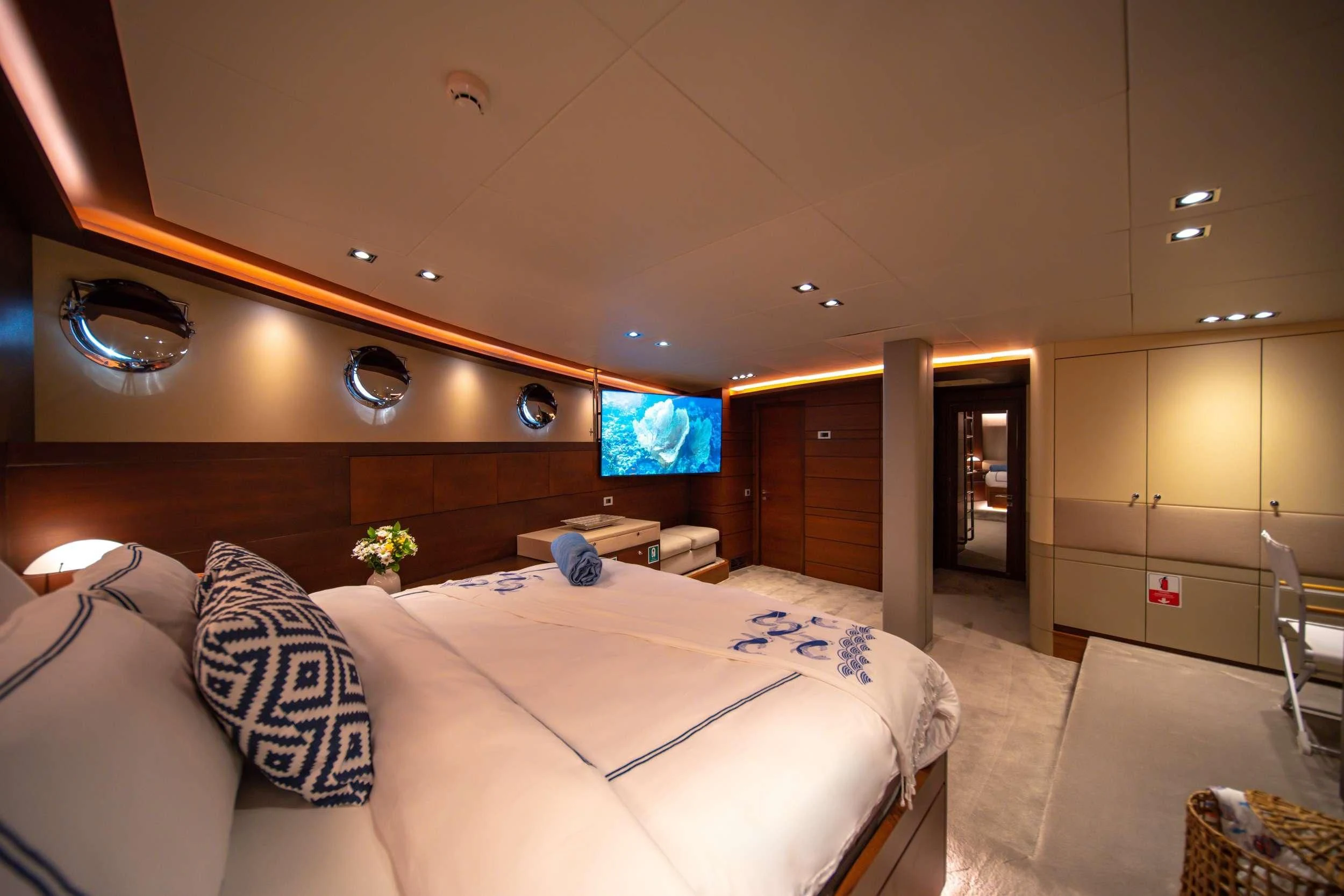 a large bed in a room aboard DOUBLE EAGLE Yacht for Sale