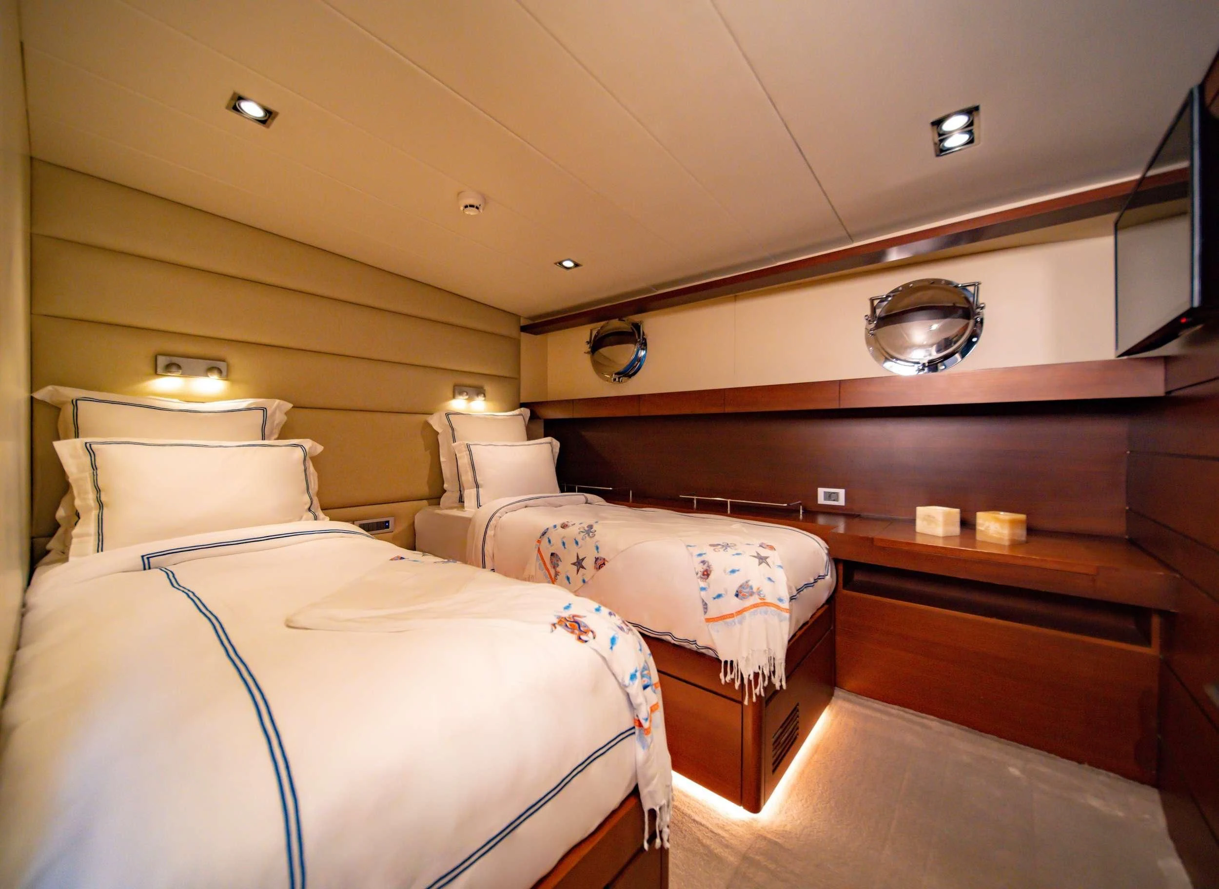 a room with two beds aboard DOUBLE EAGLE Yacht for Sale