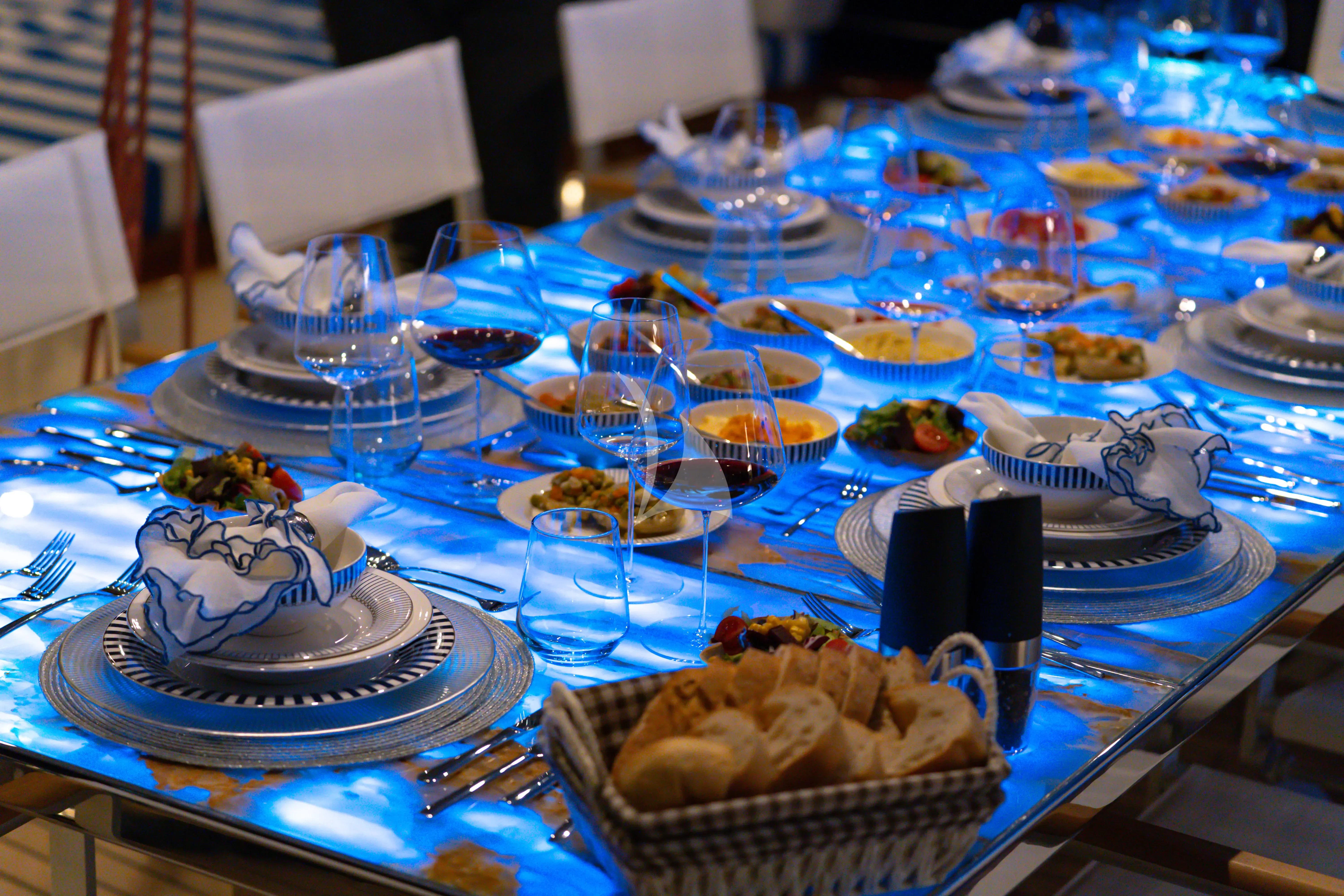 a table full of food aboard DOUBLE EAGLE Yacht for Sale