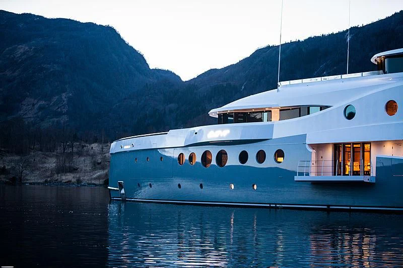 a large white boat on the water aboard EVENT Yacht for Sale