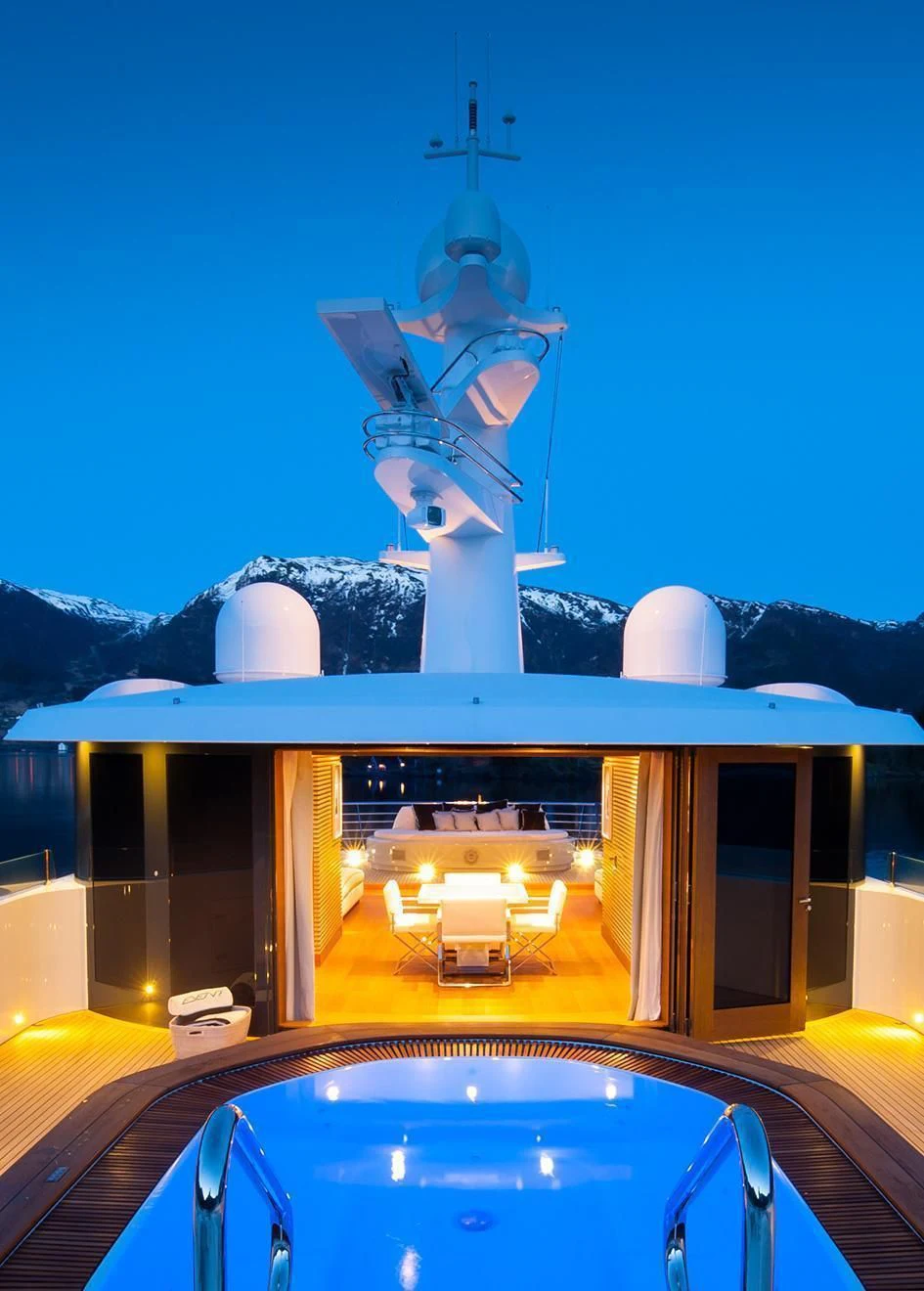 a swimming pool with a statue on top of it aboard EVENT Yacht for Sale
