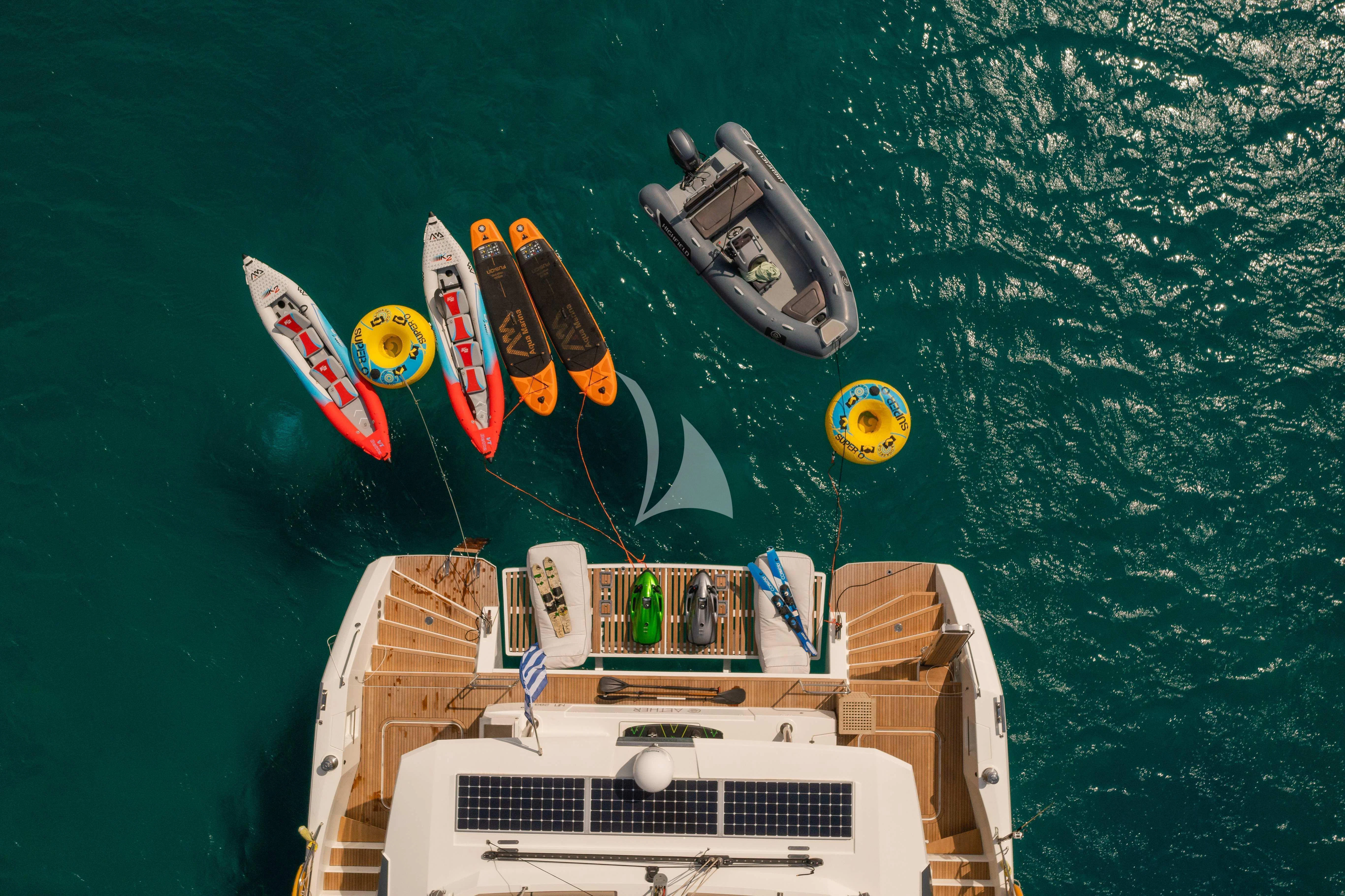 a ship with a lot of boats on it aboard AETHER Yacht for Charter