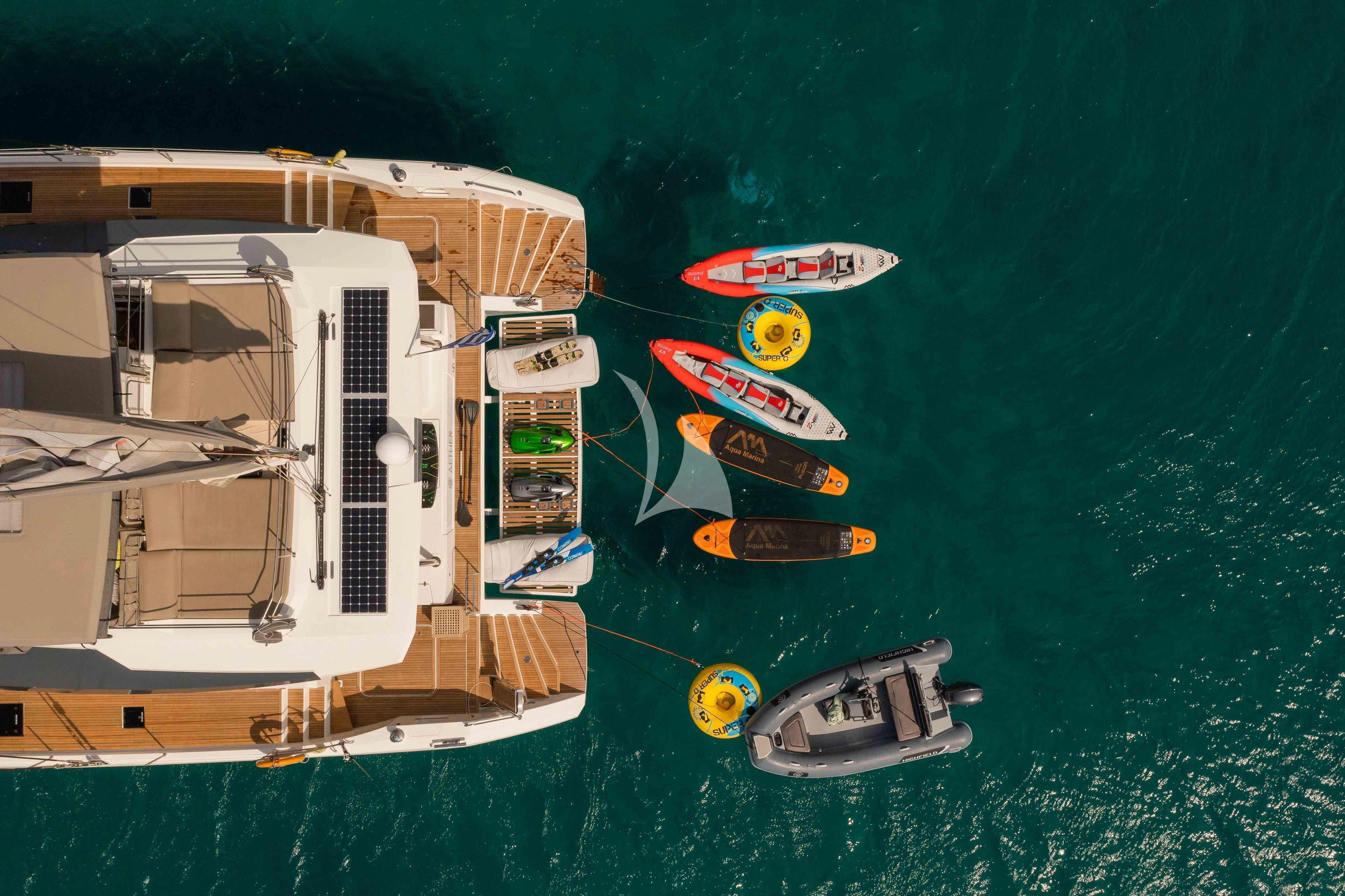 a boat with a paddle on the water aboard AETHER Yacht for Charter