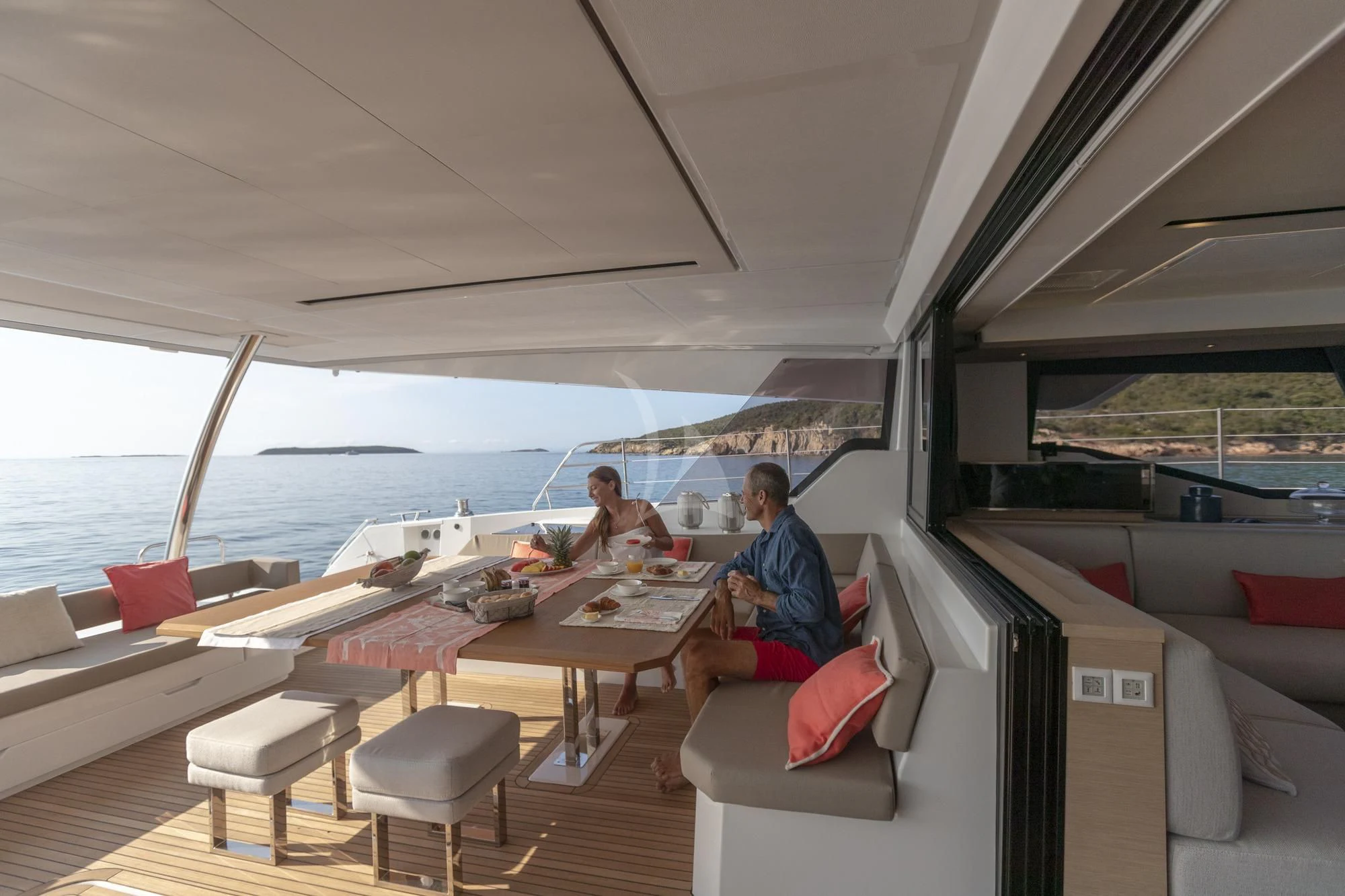 a boat with people sitting on it aboard AETHER Yacht for Charter