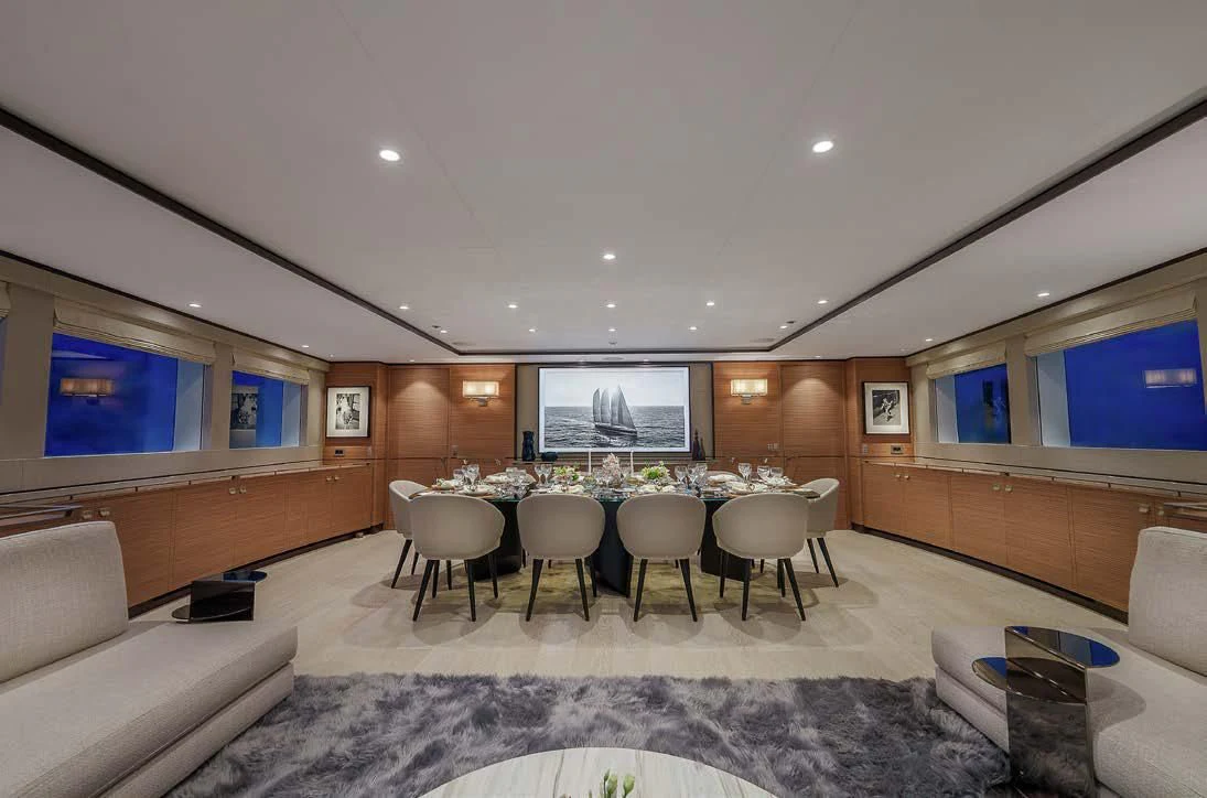 a large room with a large screen aboard SEA EAGLE Yacht for Sale