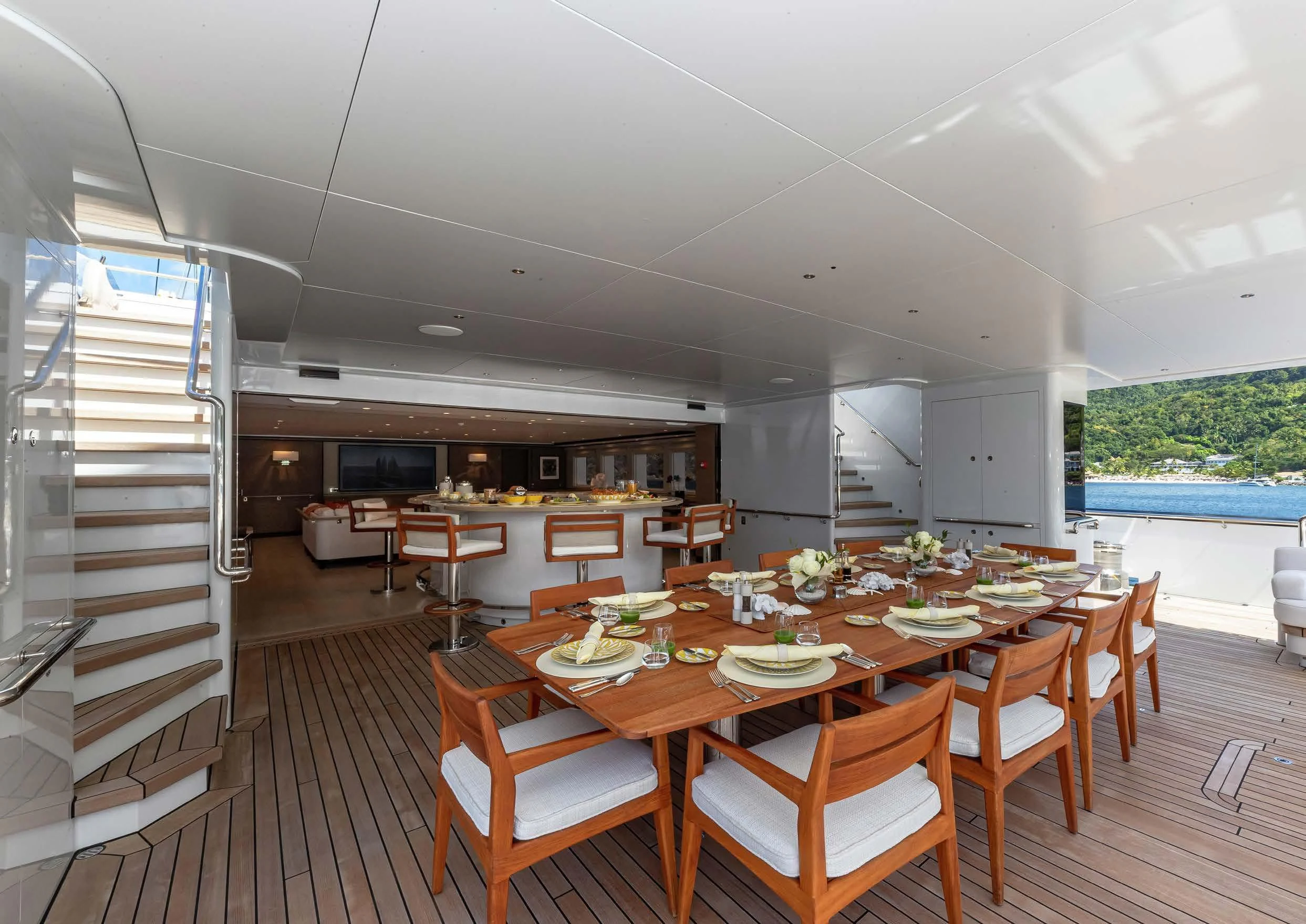 a large kitchen with a dining table aboard SEA EAGLE Yacht for Sale