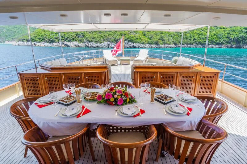 a table set for a meal on a deck overlooking a body of water aboard MESERRET Yacht for Sale