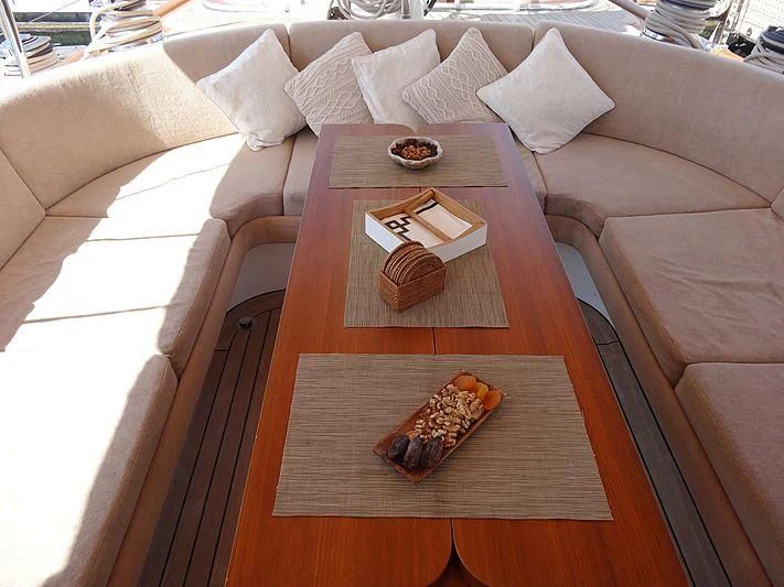 a table with food on it aboard ILIOS Yacht for Sale