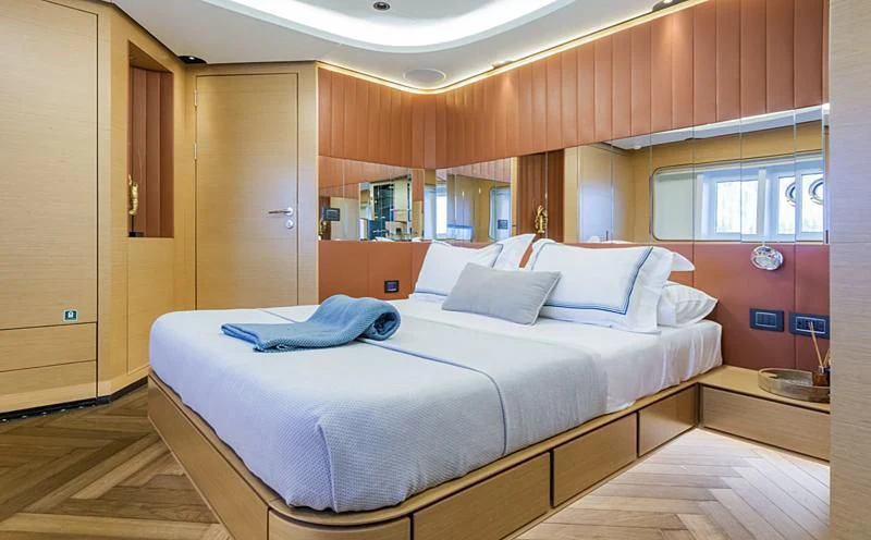 a bed in a room aboard LEONIDAS Yacht for Sale