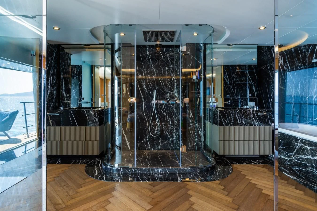 a glass display case aboard LEONIDAS Yacht for Sale