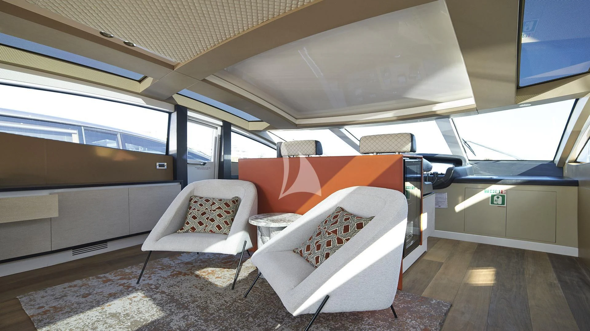 a couple of chairs in a bus aboard FUNKY TOWN Yacht for Sale