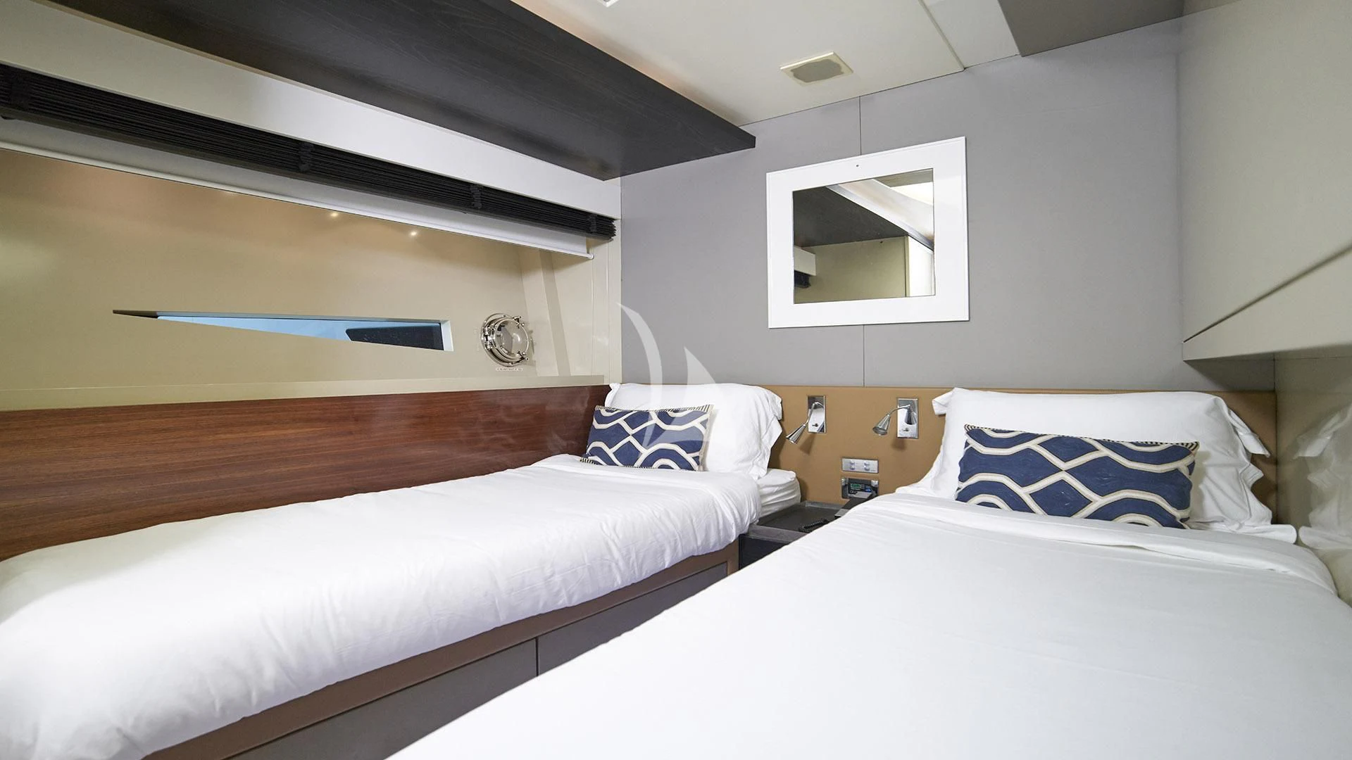 a couple of beds in a room aboard FUNKY TOWN Yacht for Sale