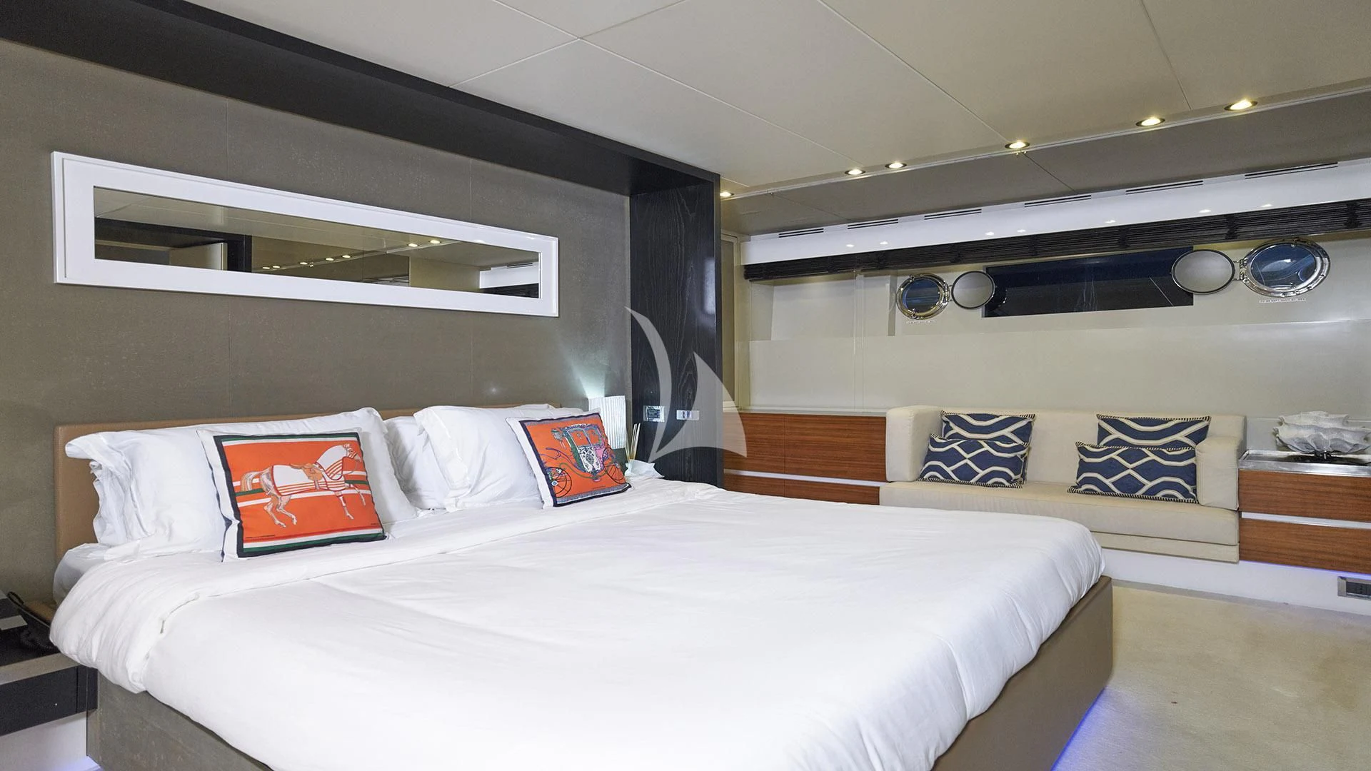 a room with a bed and a desk aboard FUNKY TOWN Yacht for Sale