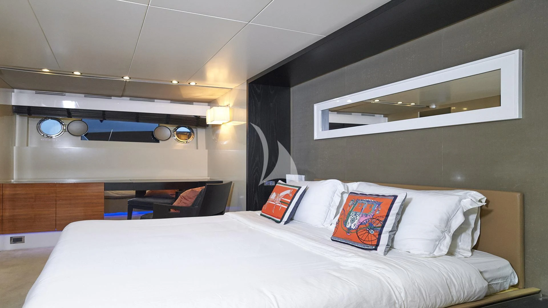 a bed with pillows and pillows aboard FUNKY TOWN Yacht for Sale