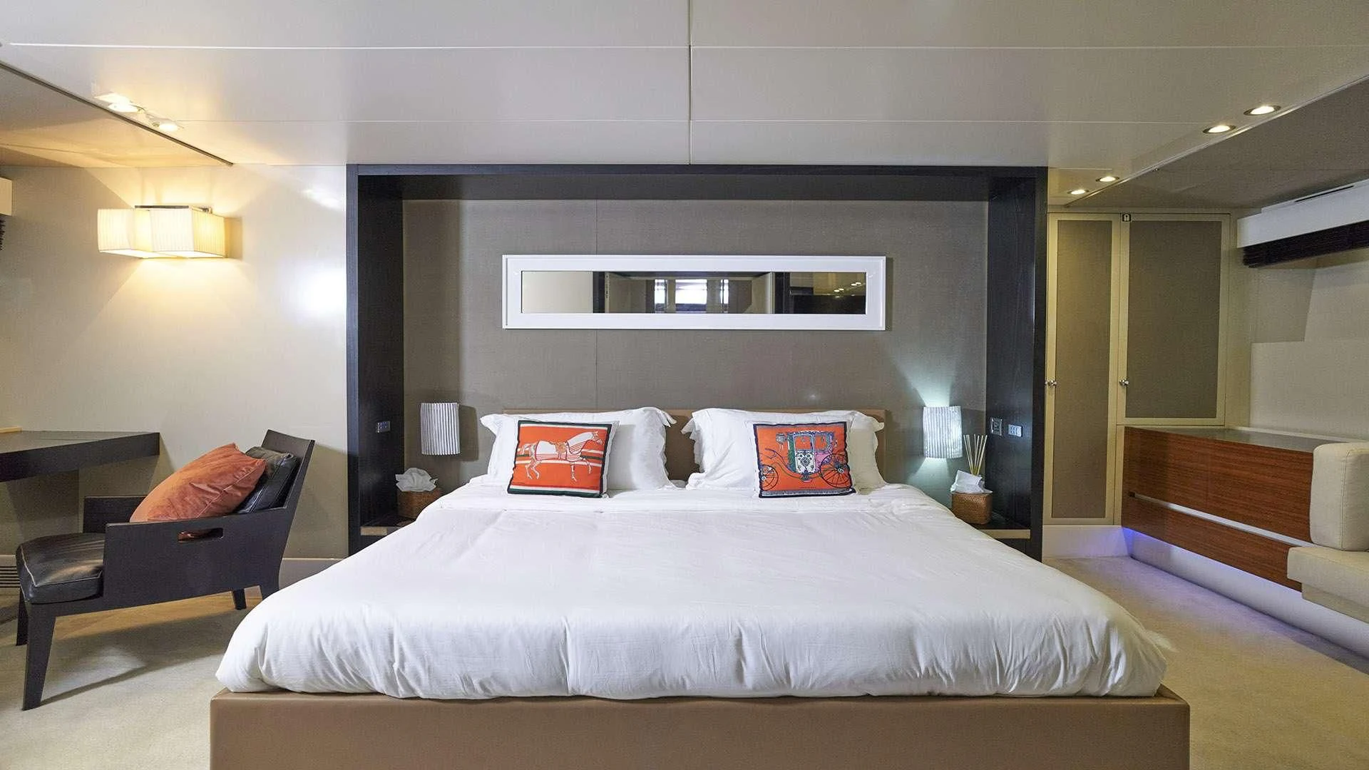 a large bed in a hotel room aboard FUNKY TOWN Yacht for Sale