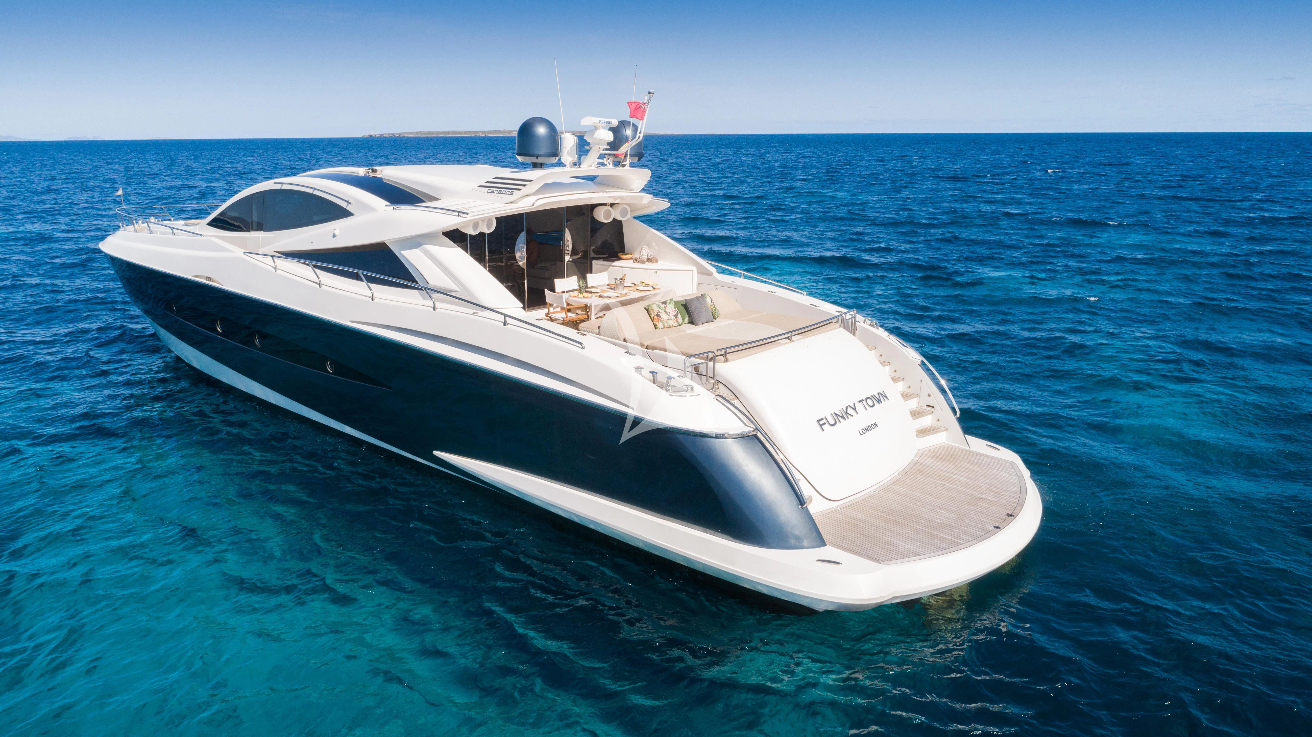 a white boat in the water aboard FUNKY TOWN Yacht for Sale