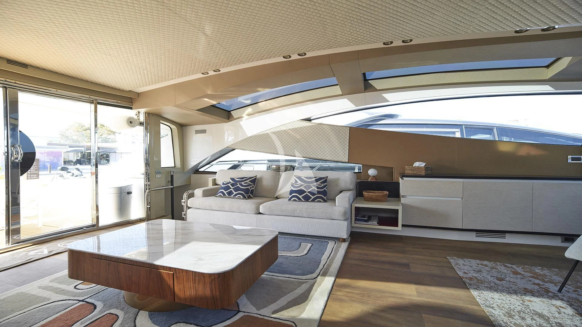 a room with a bed and a table aboard FUNKY TOWN Yacht for Sale