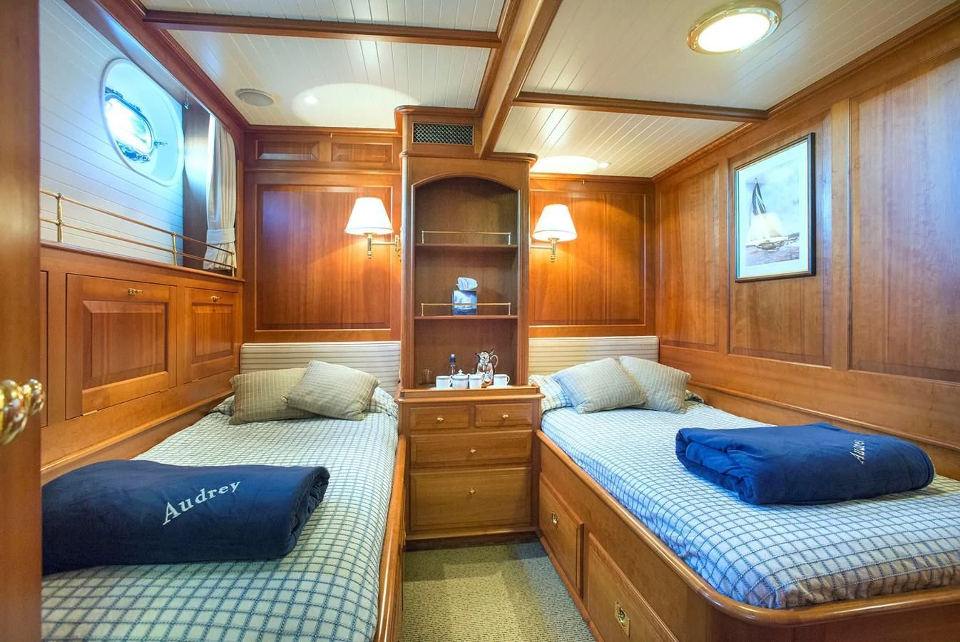a room with two beds aboard AUDREY II Yacht for Sale