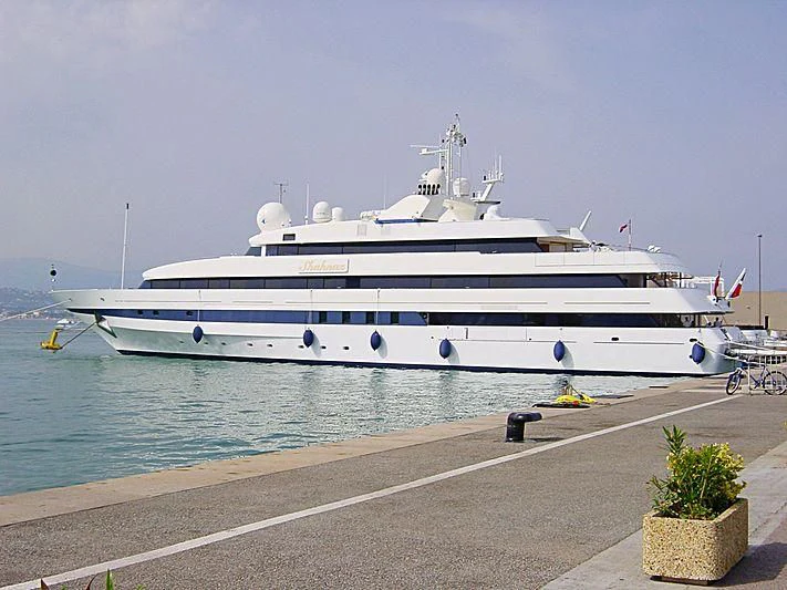a large white ship in the water aboard SHAHNAZ Yacht for Sale