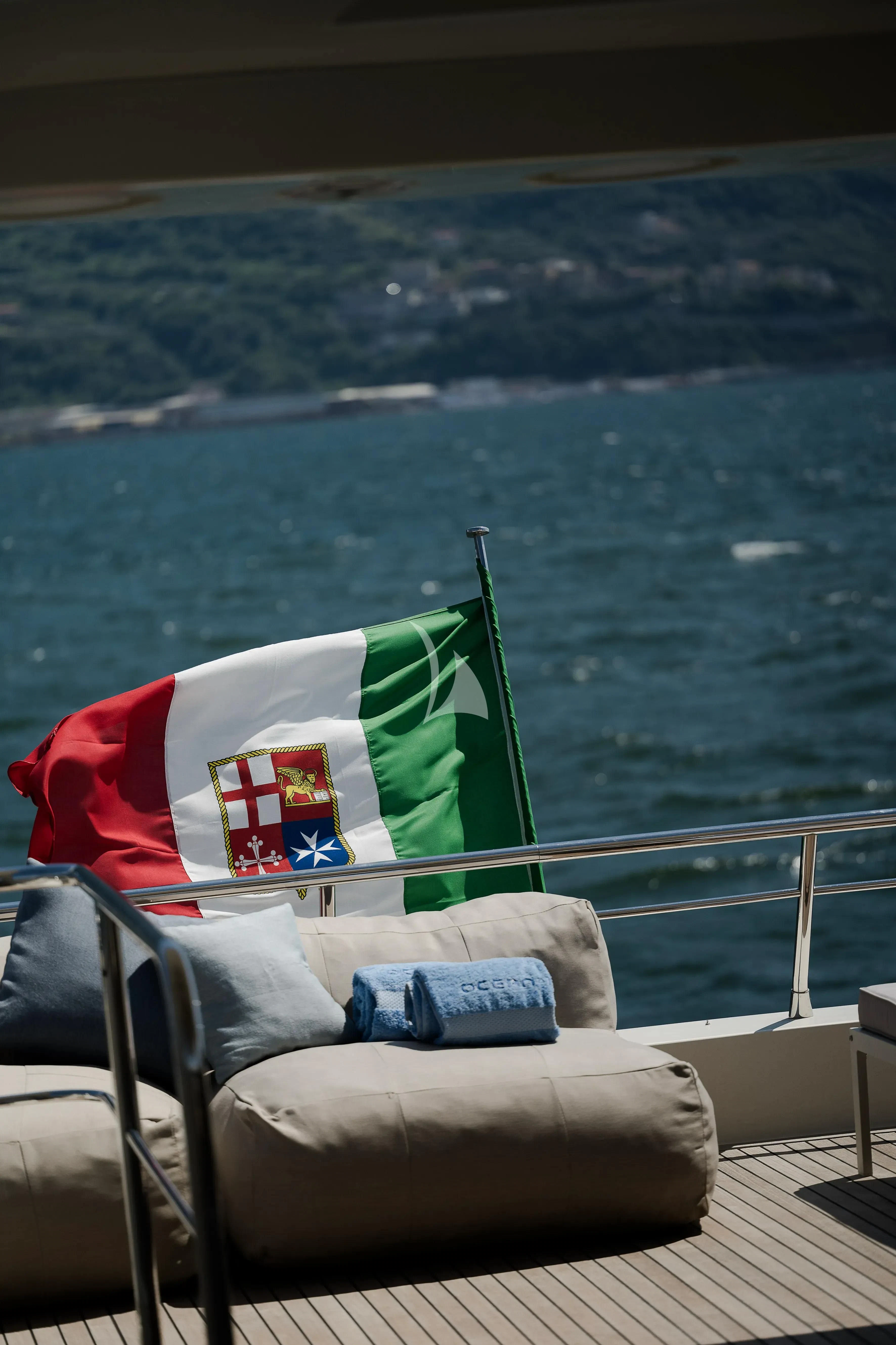 a chair with a flag on it aboard OCEAN DELTA 11 Yacht for Sale