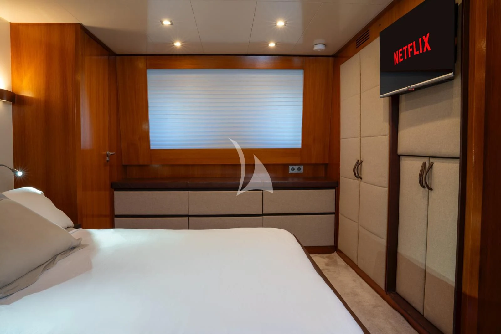 a bed in a room aboard OCEAN DELTA 11 Yacht for Sale