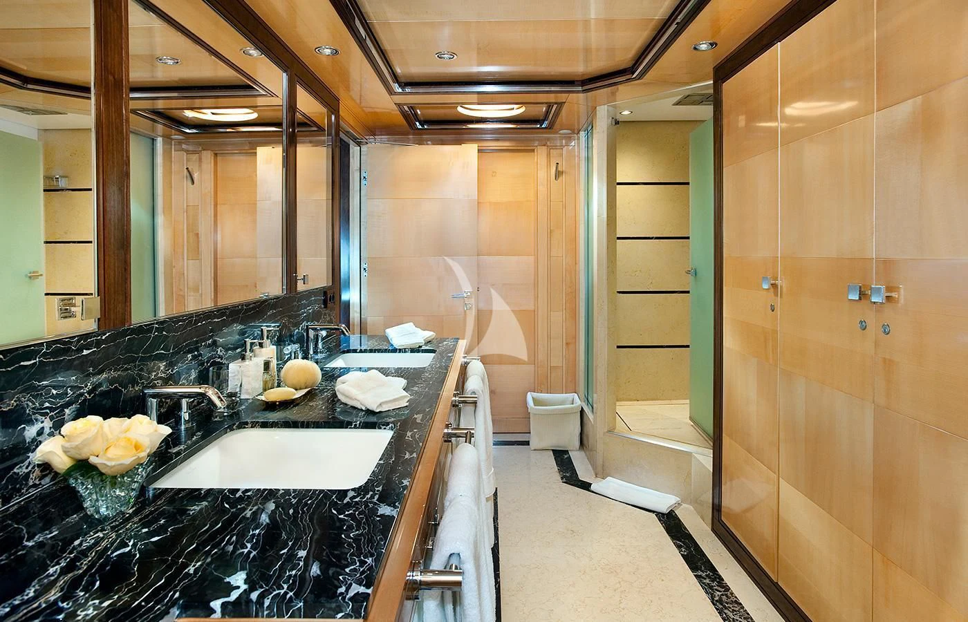 a bathroom with a large glass shower aboard CHRISTINA G Yacht for Charter