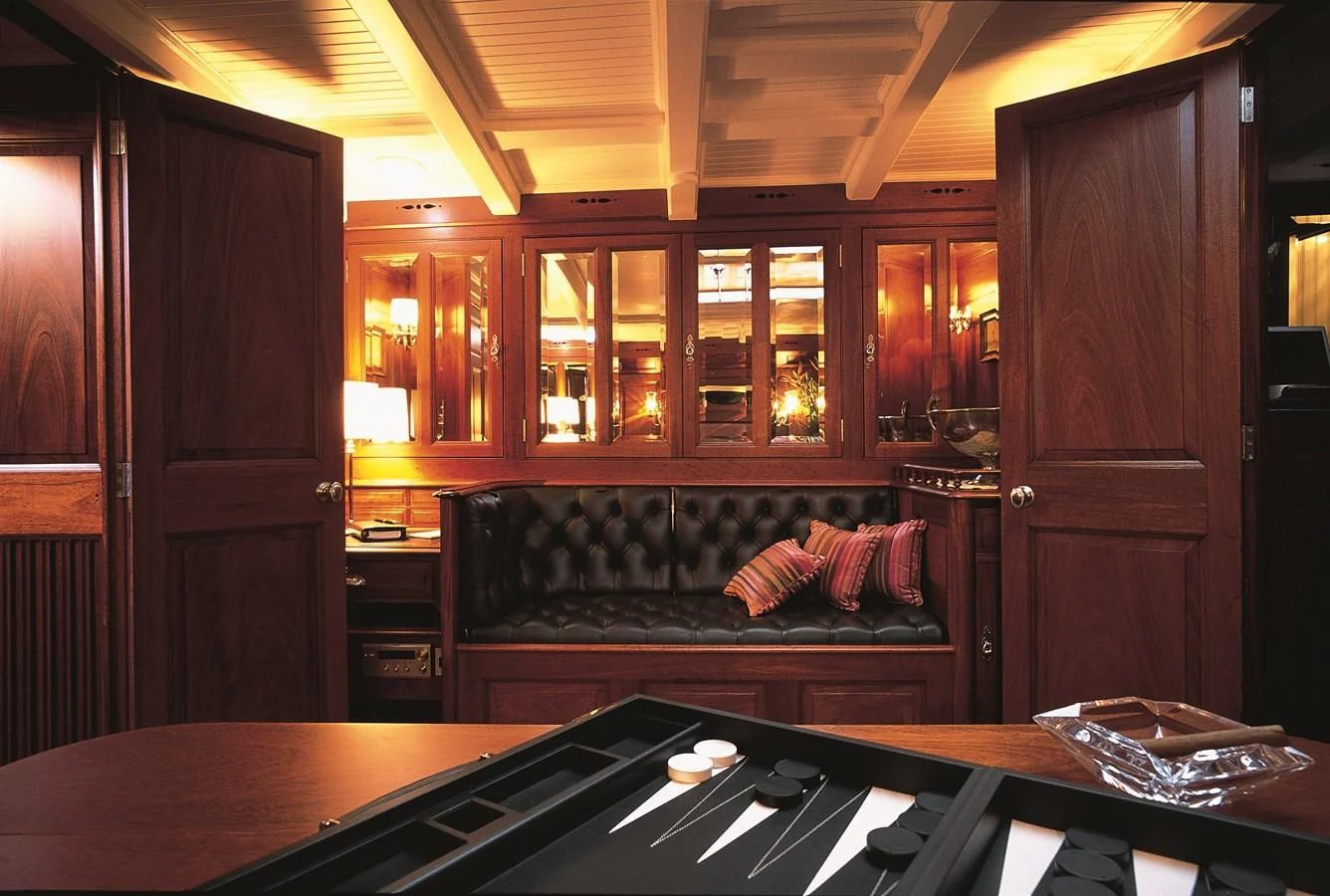 a kitchen with a bar and a bar aboard MOONBEAM OF FIFE III Yacht for Sale