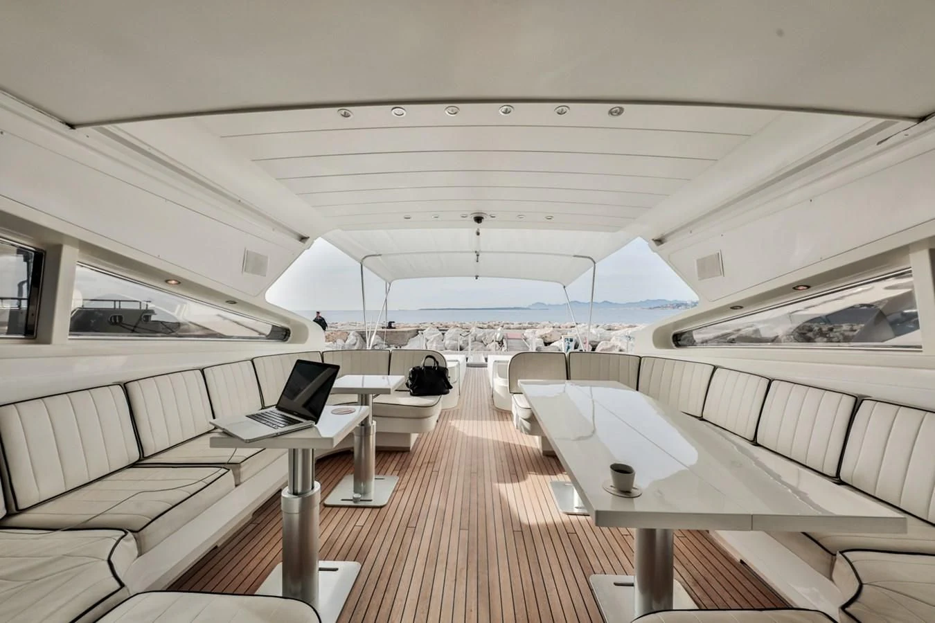 a room with a large white tent aboard NOTORIOUS Yacht for Sale