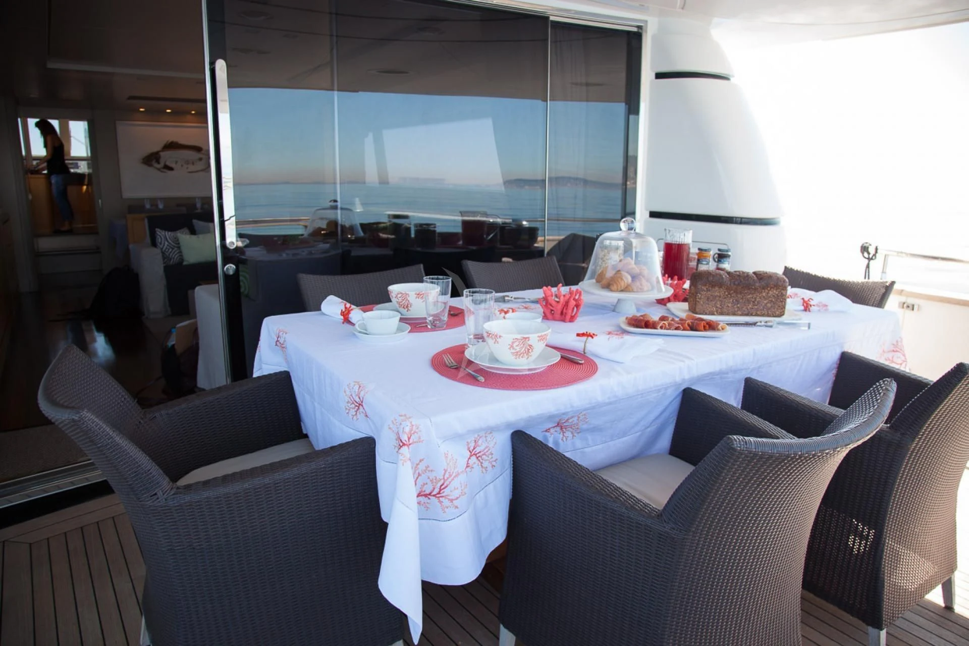 a table with food on it aboard GOTA Yacht for Sale