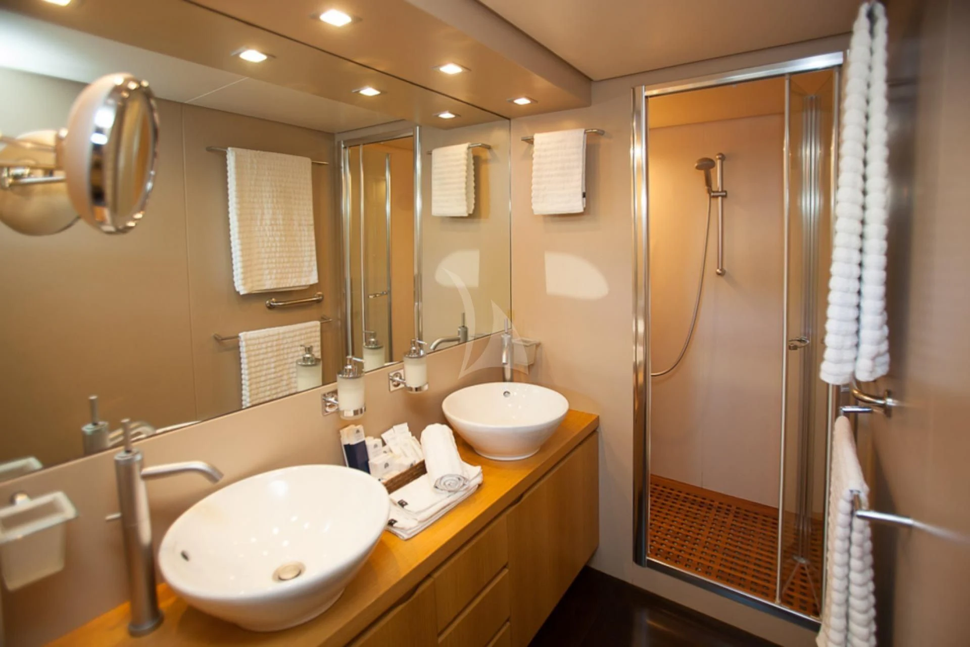 a bathroom with a sink and a shower aboard GOTA Yacht for Sale