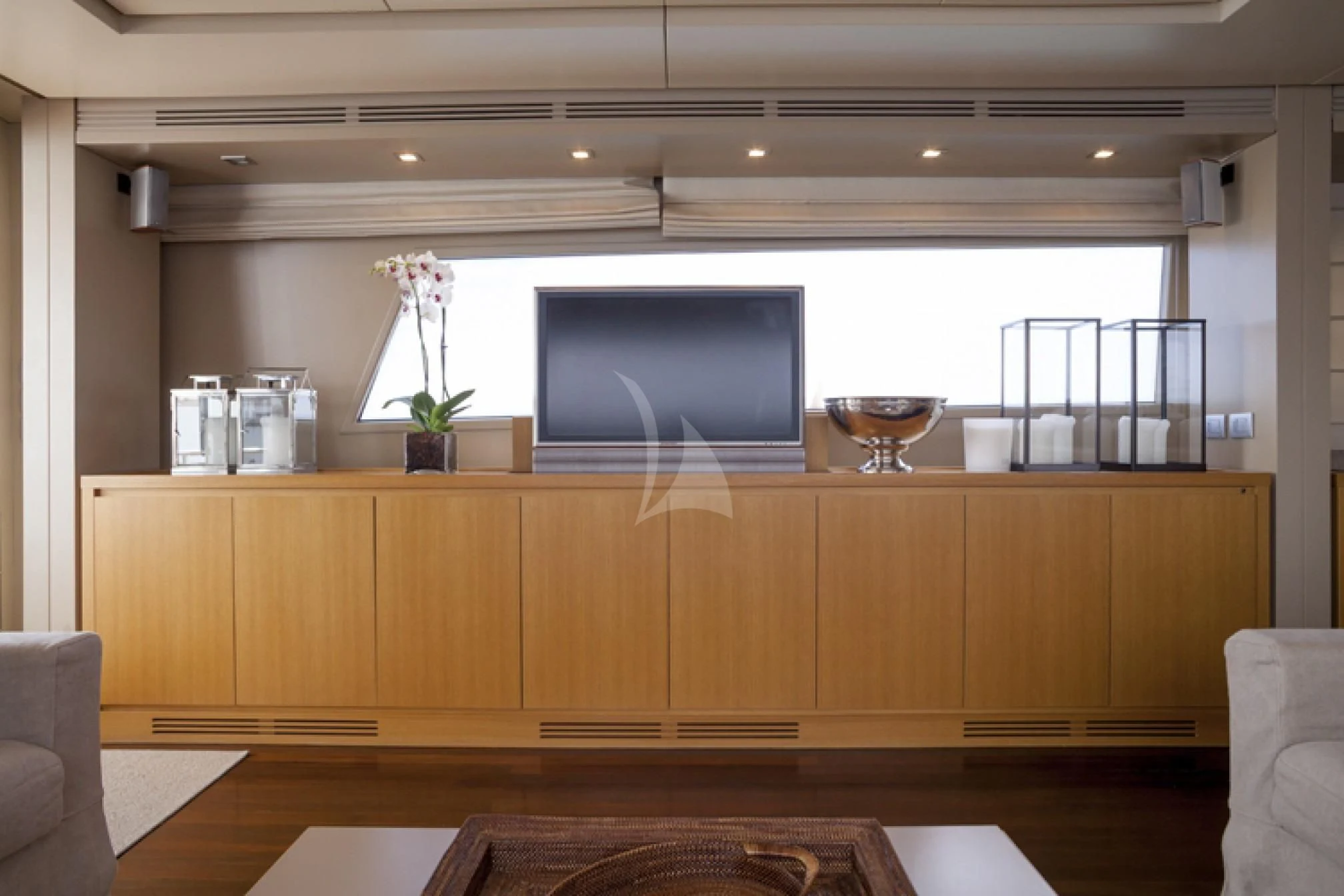 a glass of wine on a counter aboard GOTA Yacht for Sale