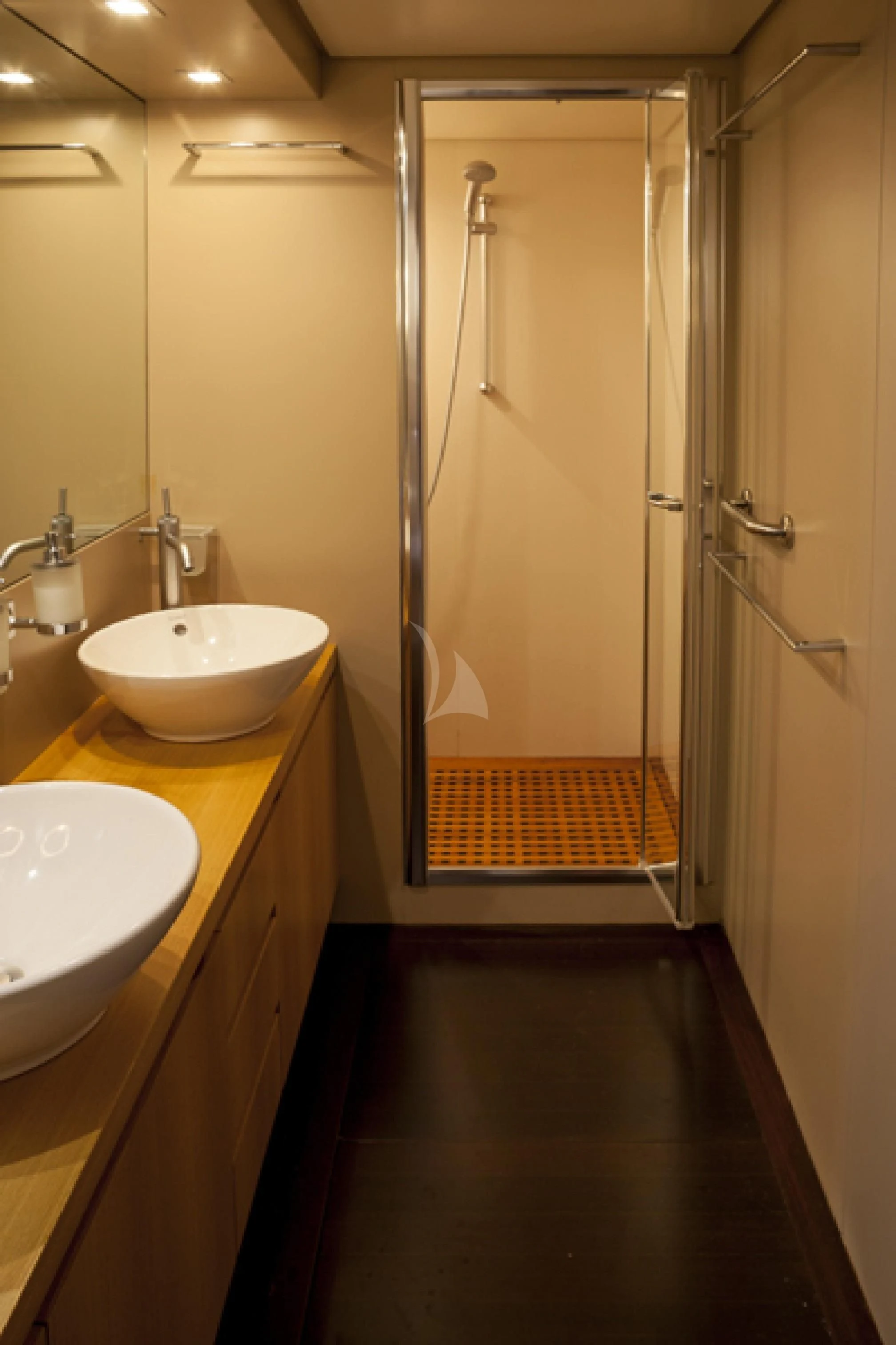 a bathroom with a sink and a shower aboard GOTA Yacht for Sale