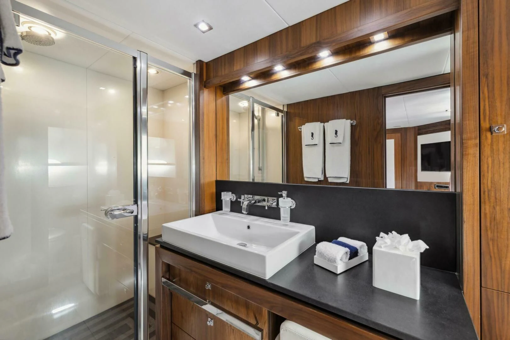 a bathroom with a glass shower aboard SEAHORSE Yacht for Sale