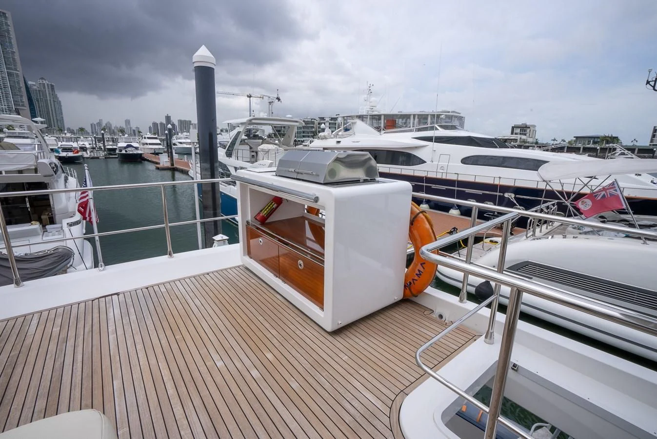 a boat docked at a pier aboard PRIVE Yacht for Sale