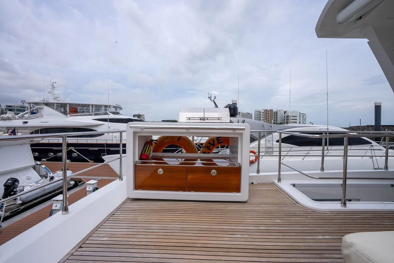 a boat on a deck aboard PRIVE Yacht for Sale