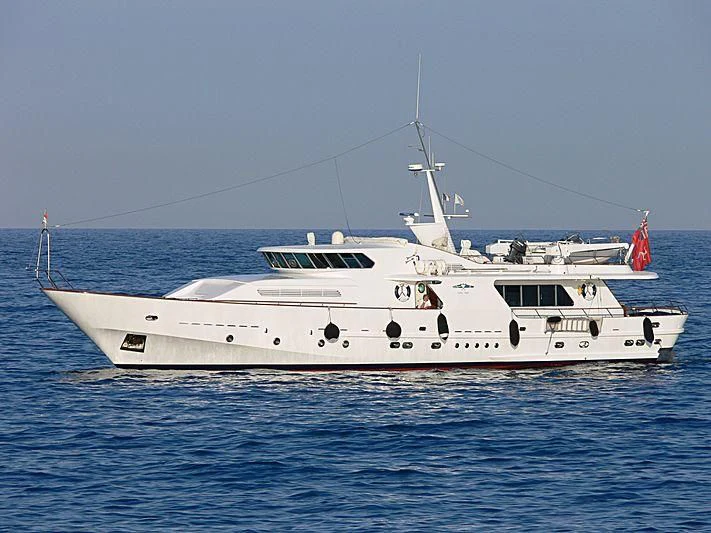 a white boat in the water aboard VESPUCCI Yacht for Sale