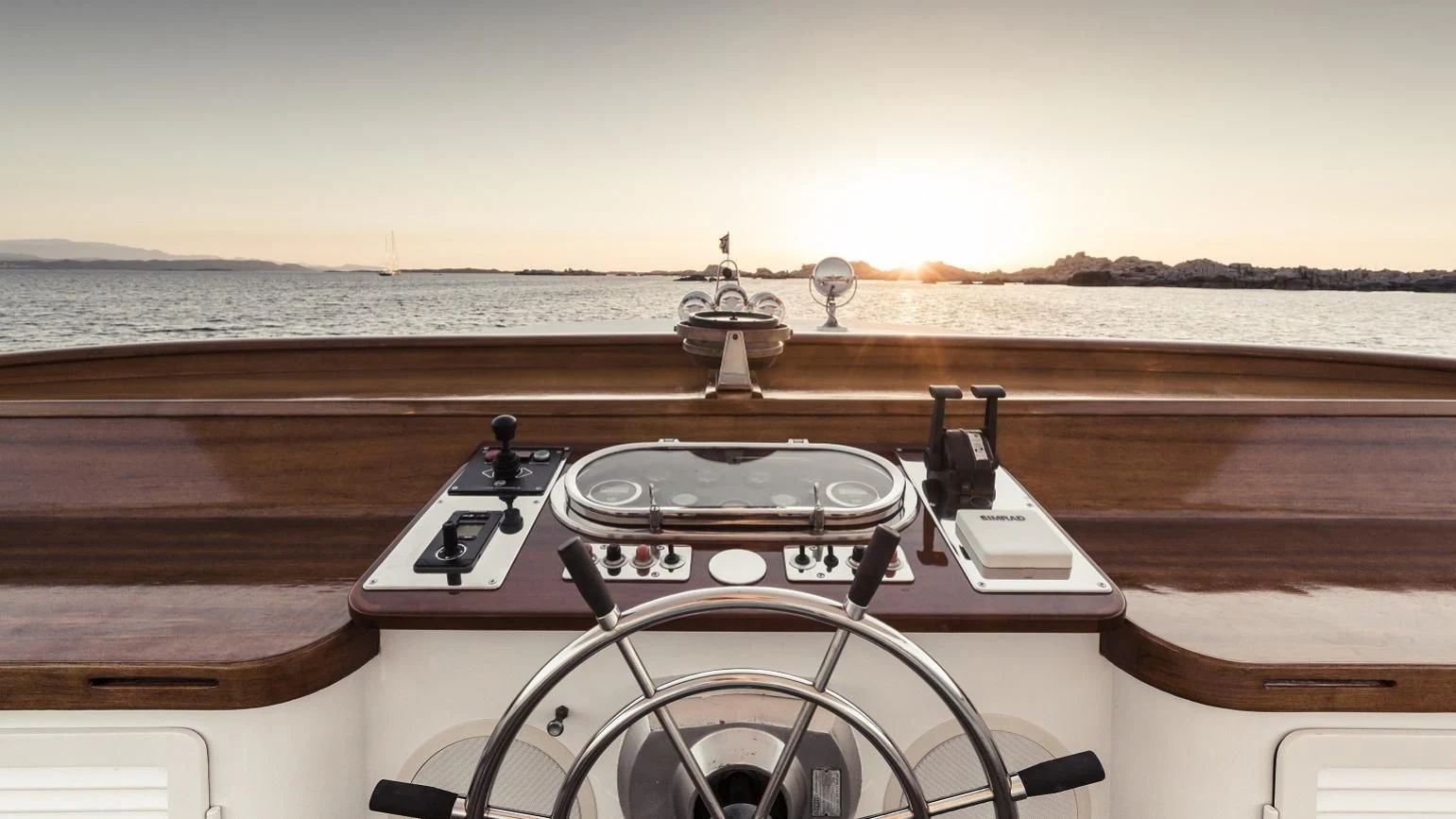 a steering wheel on a boat aboard VESPUCCI Yacht for Sale