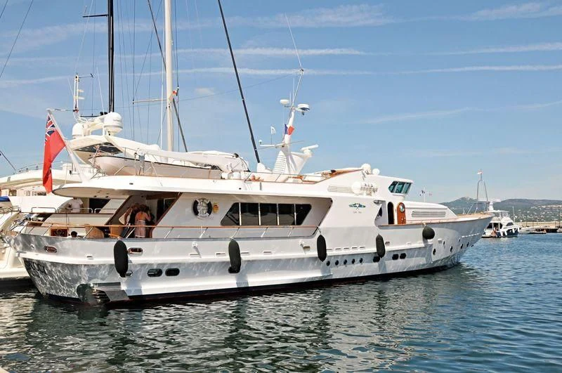 a white boat on the water aboard VESPUCCI Yacht for Sale