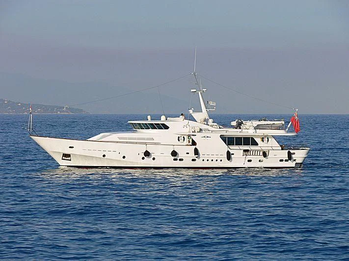 a white boat in the water aboard VESPUCCI Yacht for Sale
