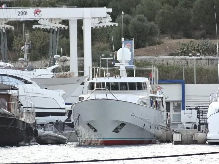 a boat is parked on the shore aboard VESPUCCI Yacht for Sale