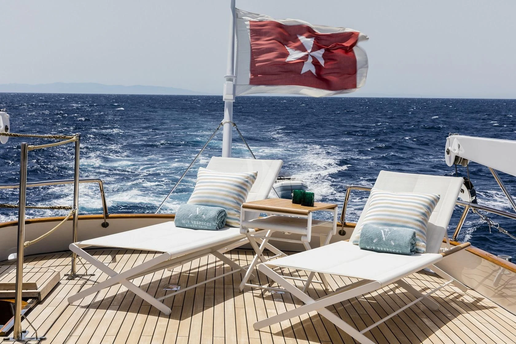 a flag on a boat aboard VESPUCCI Yacht for Sale