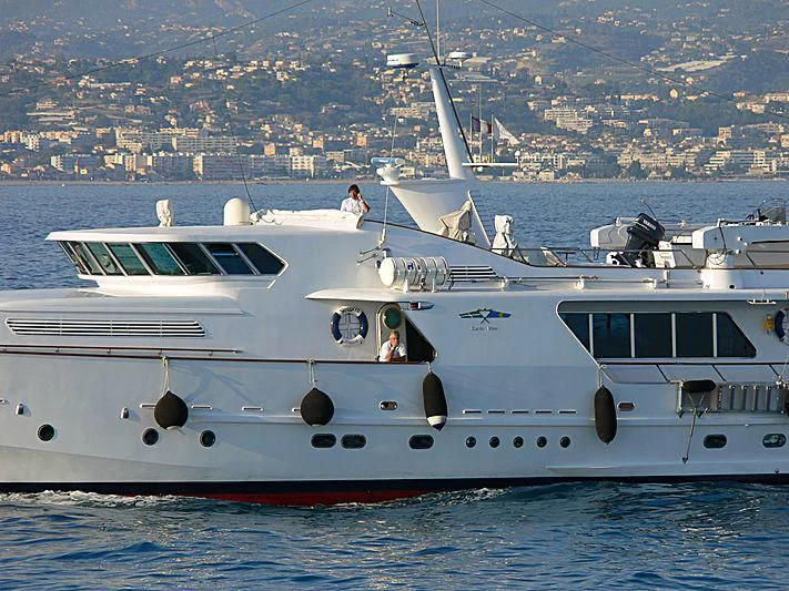 a white yacht in the water aboard VESPUCCI Yacht for Sale