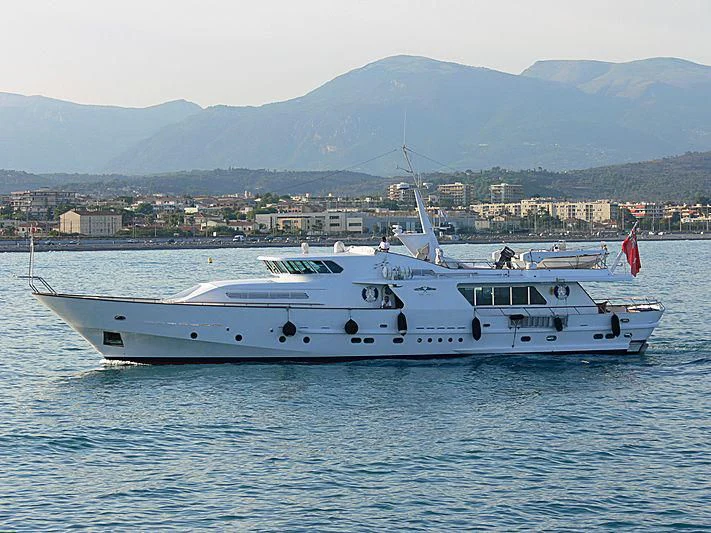 a white yacht in the water aboard VESPUCCI Yacht for Sale