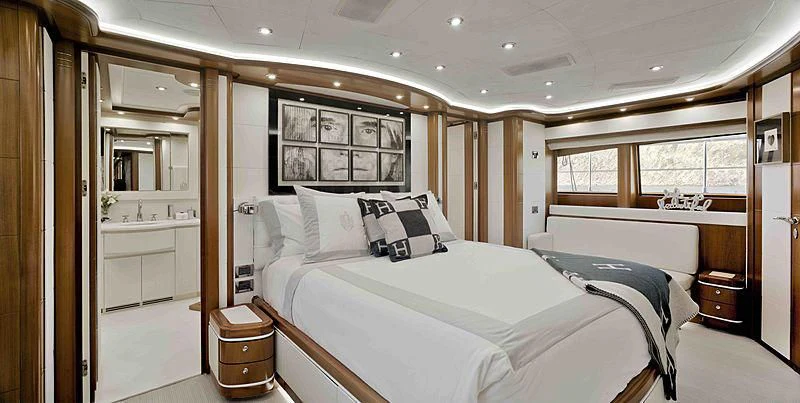 a room with two beds aboard BUNKER Yacht for Sale