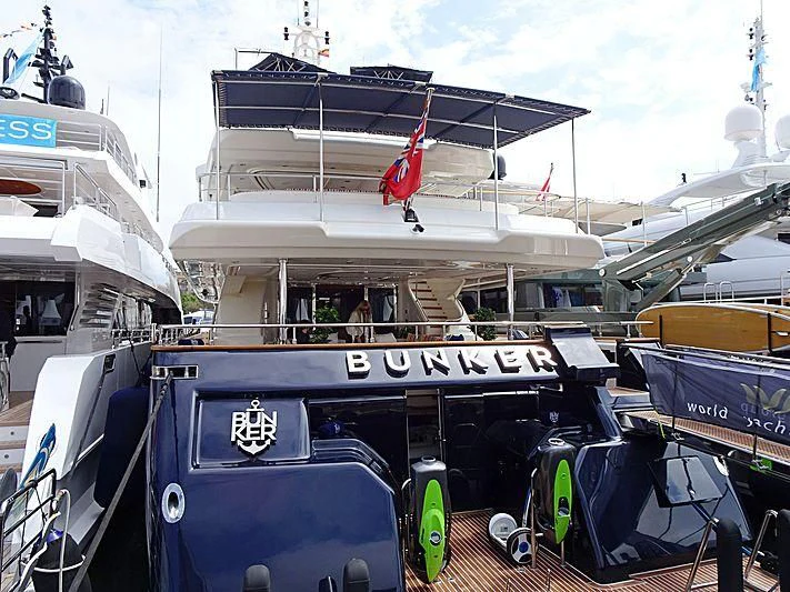 a large boat docked aboard BUNKER Yacht for Sale