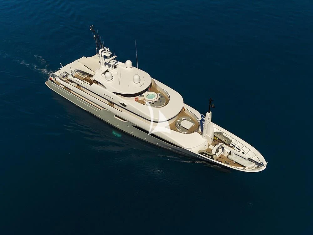 a high angle view of a boat aboard TALEYA Yacht for Sale