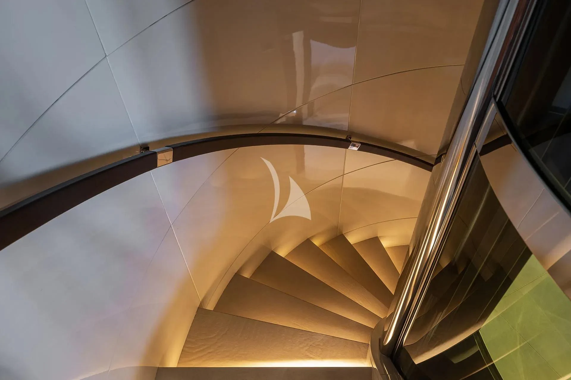 a close-up of a staircase aboard TALEYA Yacht for Sale