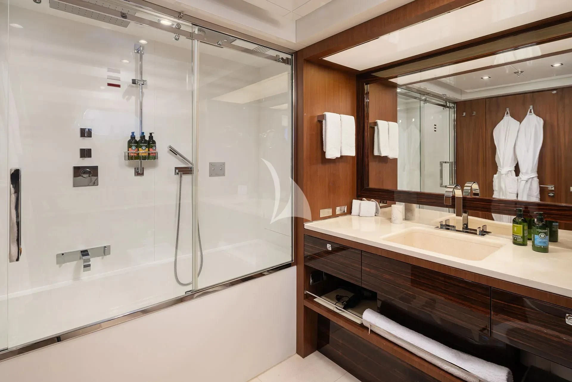 a bathroom with a shower unit and sink aboard TALEYA Yacht for Sale