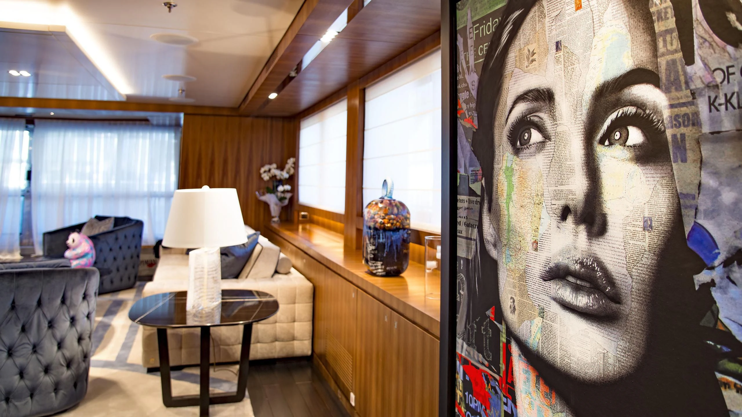 a large painting in a room aboard TALEYA Yacht for Sale